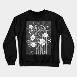 Clematis Flower and Vine on Wrought Iron Trellis, Black and White Crewneck Sweatshirt